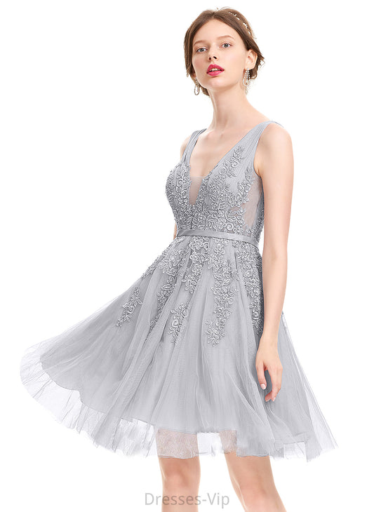 A-Line Beading Knee-Length Homecoming V-neck Dress Alejandra Homecoming Dresses Lace Tulle Sequins With