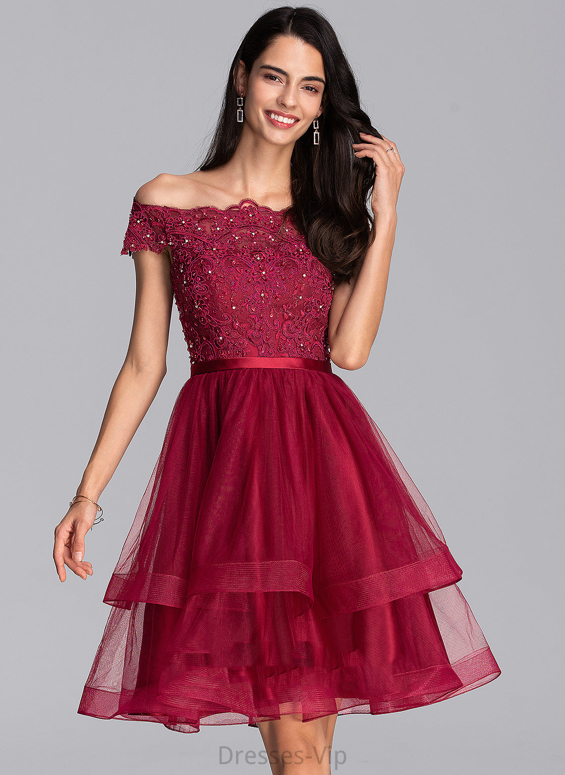 Off-the-Shoulder A-Line Dress Danna Beading Homecoming Dresses Knee-Length Tulle With Lace Sequins Homecoming