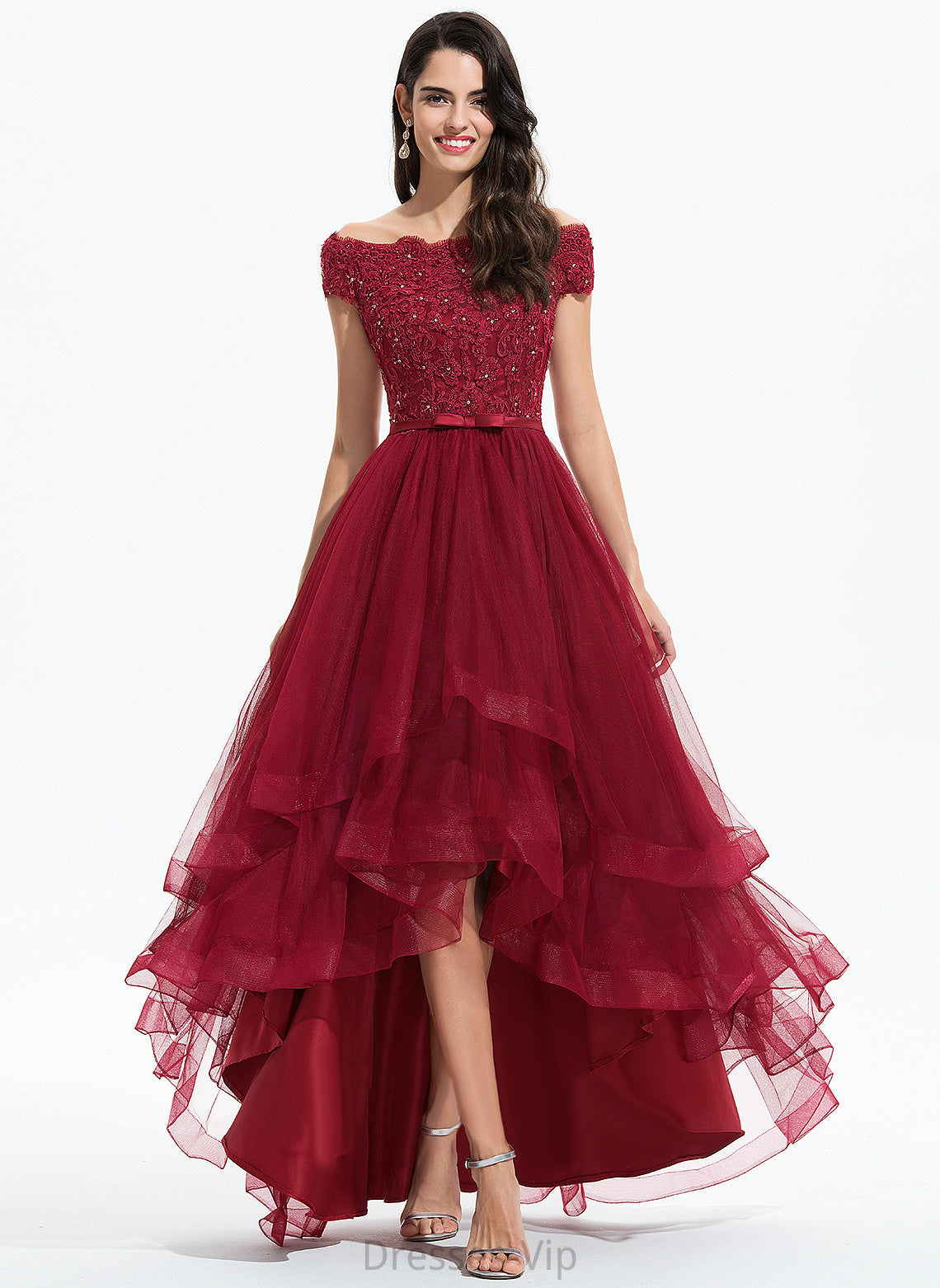 Brylee Off-the-Shoulder Lace Tulle Asymmetrical Bow(s) Beading Dress With Cocktail A-Line Lace Cocktail Dresses