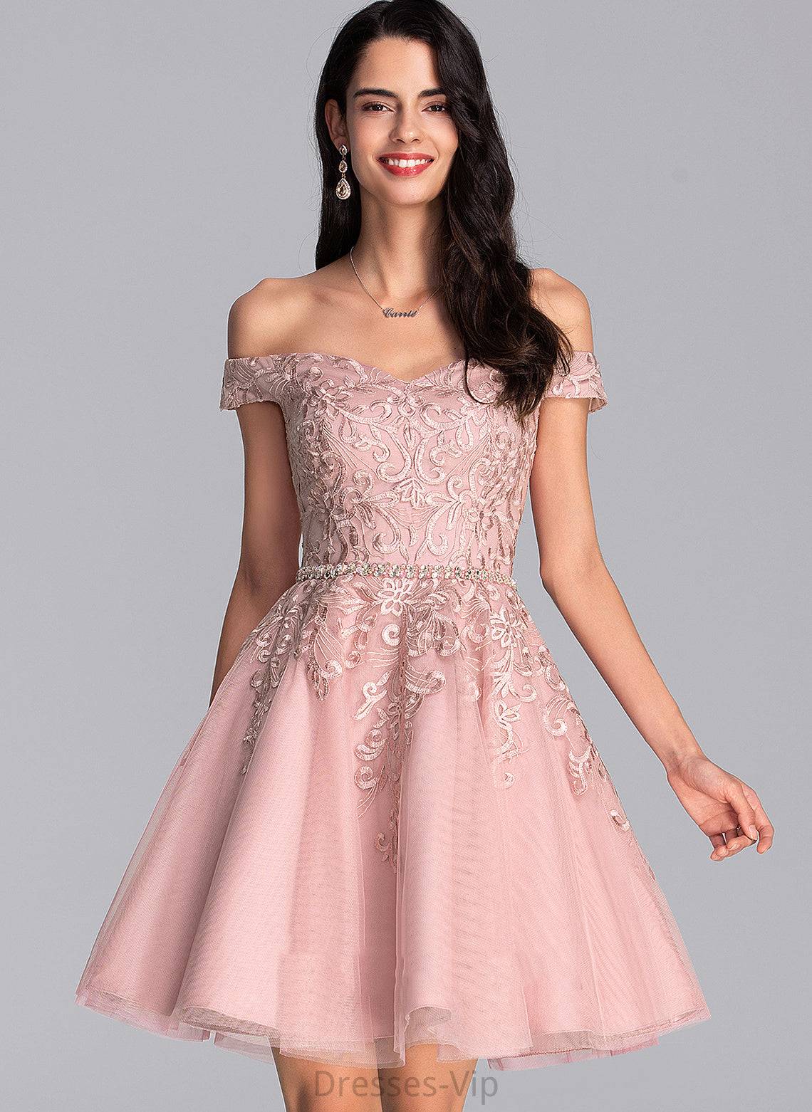 Finley Homecoming Dresses A-Line Beading Tulle Short/Mini Homecoming Dress Lace With Off-the-Shoulder