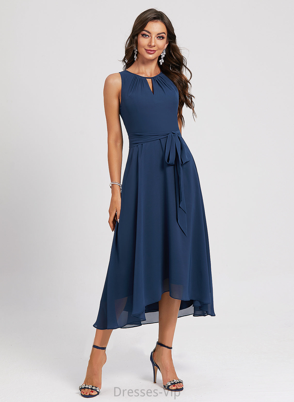 Frederica Cocktail With Dress Scoop Sash A-Line Asymmetrical Chiffon Neck Cocktail Dresses