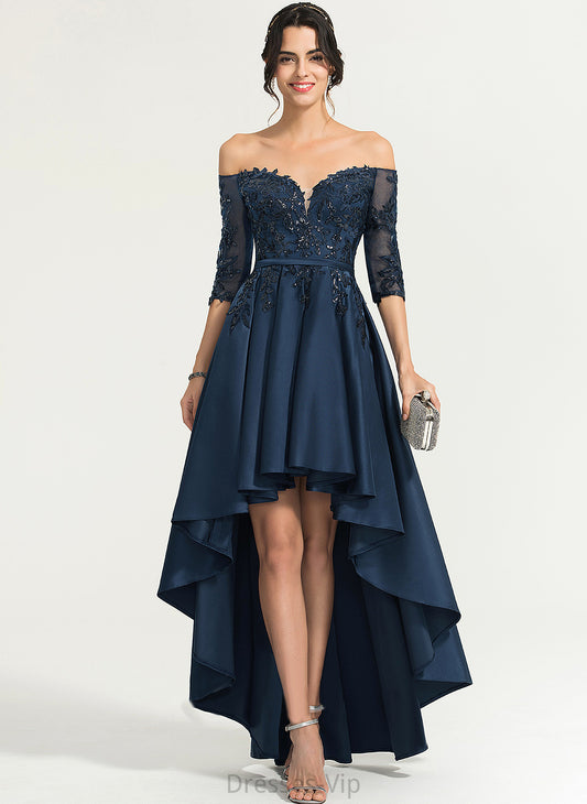 Homecoming Dresses Off-the-Shoulder Homecoming A-Line Lace Asymmetrical Satin Brooke Dress With