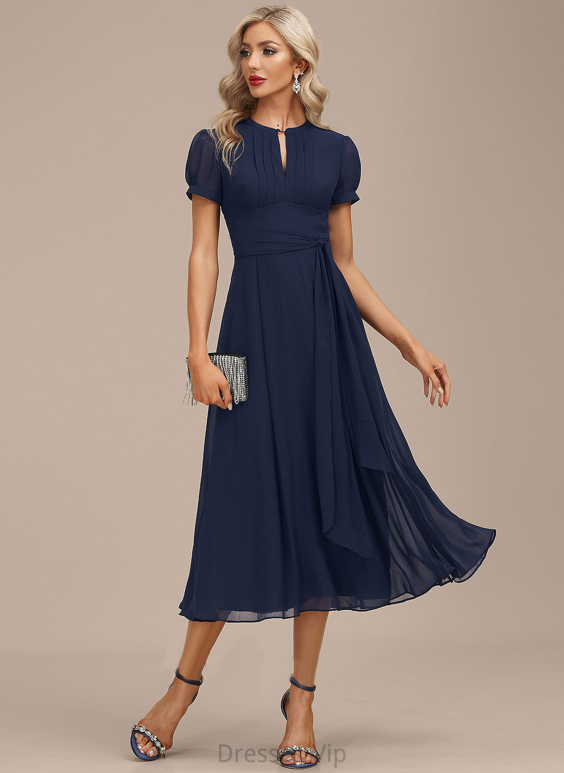 Scoop Cocktail Dresses Ruffle Tea-Length Ashlynn Cocktail Chiffon A-Line Dress With Neck