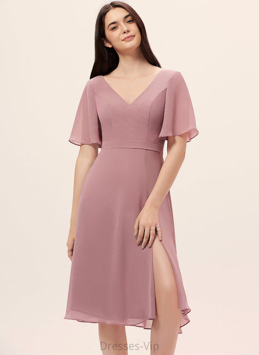 Chiffon Knee-Length With A-Line Dress Split V-neck Front Cocktail Cocktail Dresses Kaila