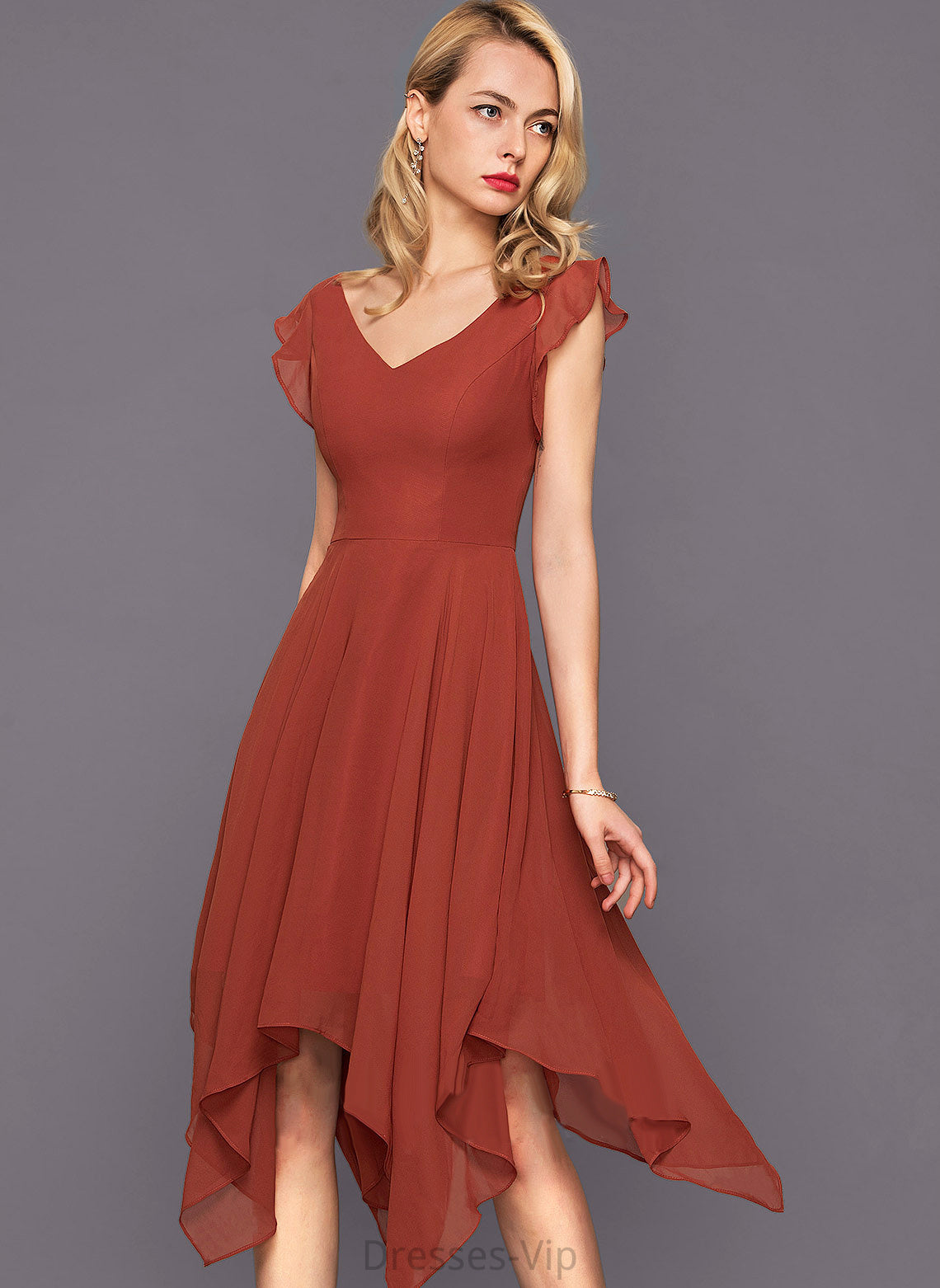 Cocktail Ruffles V-neck Cocktail Dresses With Dress Asymmetrical Patricia A-Line Cascading Chiffon