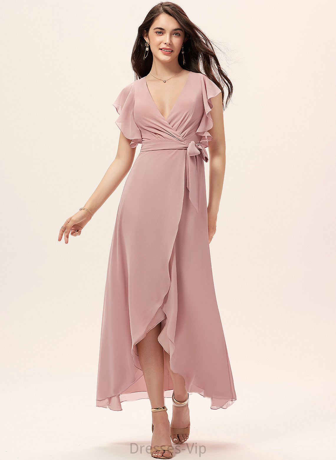 Cocktail Dresses A-Line Chiffon Araceli Ruffle Asymmetrical Dress Cocktail With V-neck