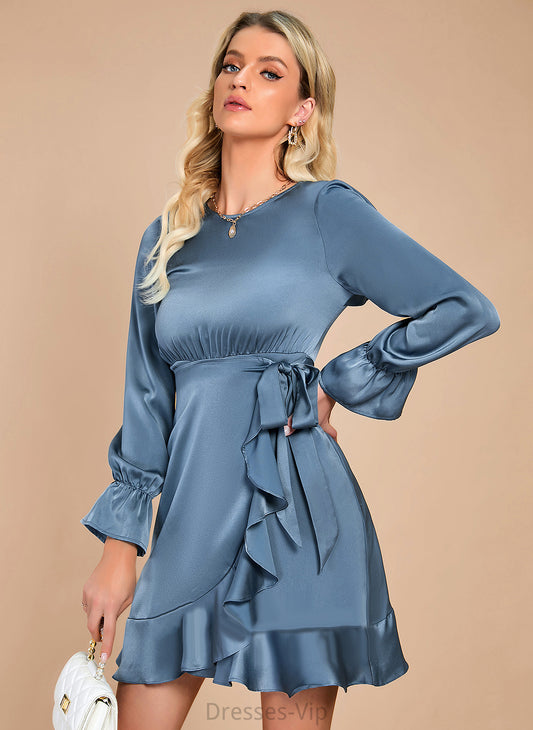 Long Sleeves A-line Satin Mini Maritza Dresses Neck Elegant Round Club Dresses