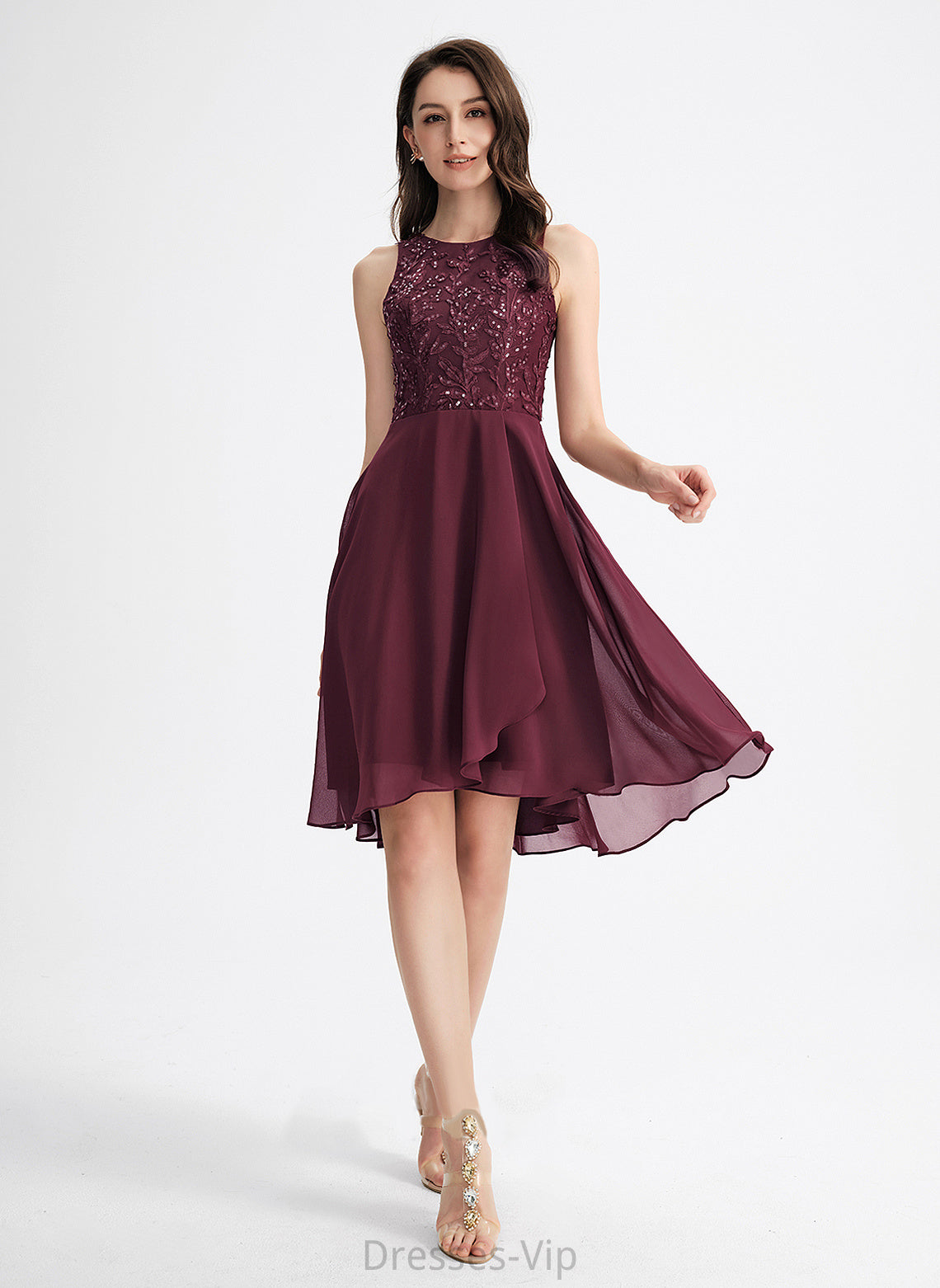 Homecoming Dresses A-Line Asymmetrical Neck Scoop Homecoming Dress Sequins Chiffon Lace With Claire