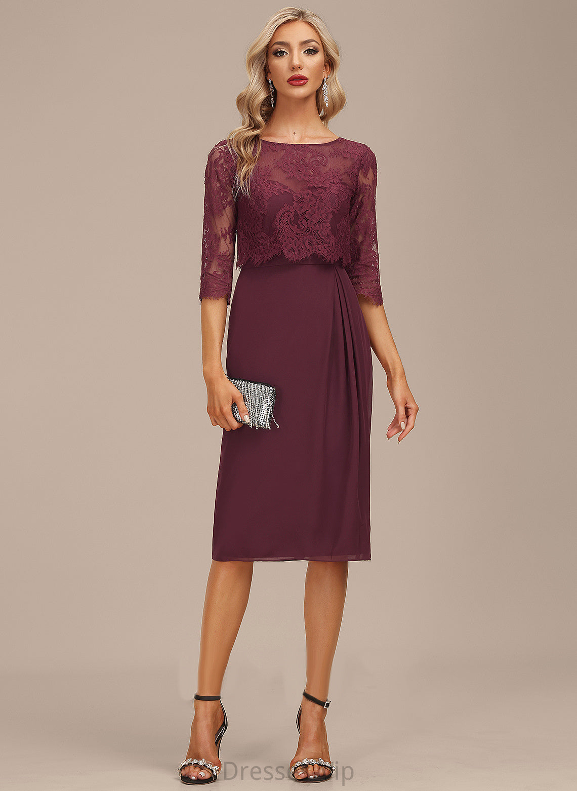 With Cocktail Scoop Knee-Length Theresa Dress Neck Lace Ruffle Cocktail Dresses Sheath/Column Chiffon