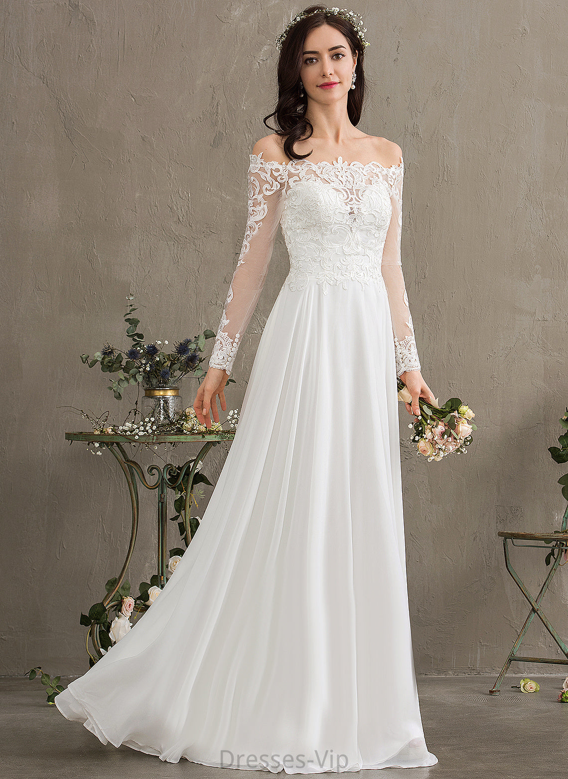 Keely Lace Dress Chiffon Off-the-Shoulder Floor-Length Wedding A-Line Wedding Dresses