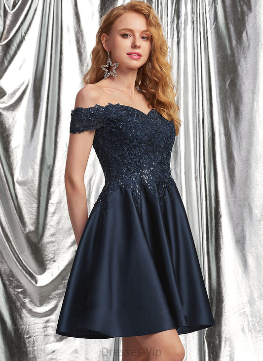 Satin Homecoming With Julianne Homecoming Dresses Off-the-Shoulder A-Line Short/Mini Lace Dress