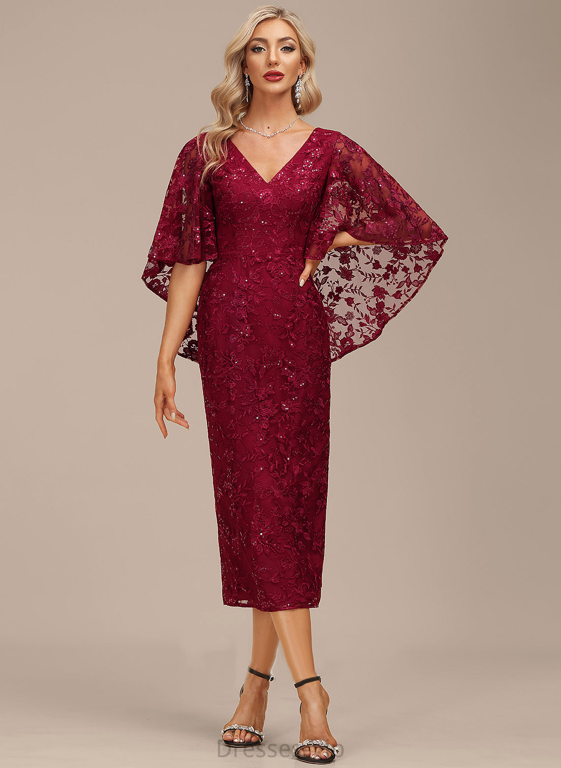 Dress V-neck Sheath/Column Lace With Cocktail Cocktail Dresses Cecilia Tea-Length Sequins