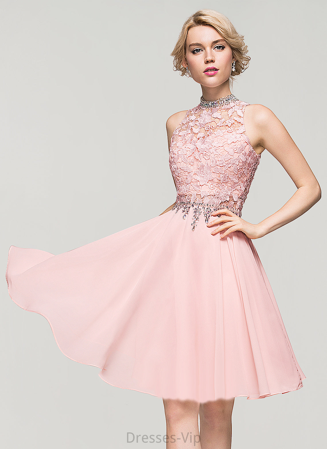 Homecoming Chiffon Neck With High Chelsea Knee-Length A-Line Beading Sequins Homecoming Dresses Lace Dress