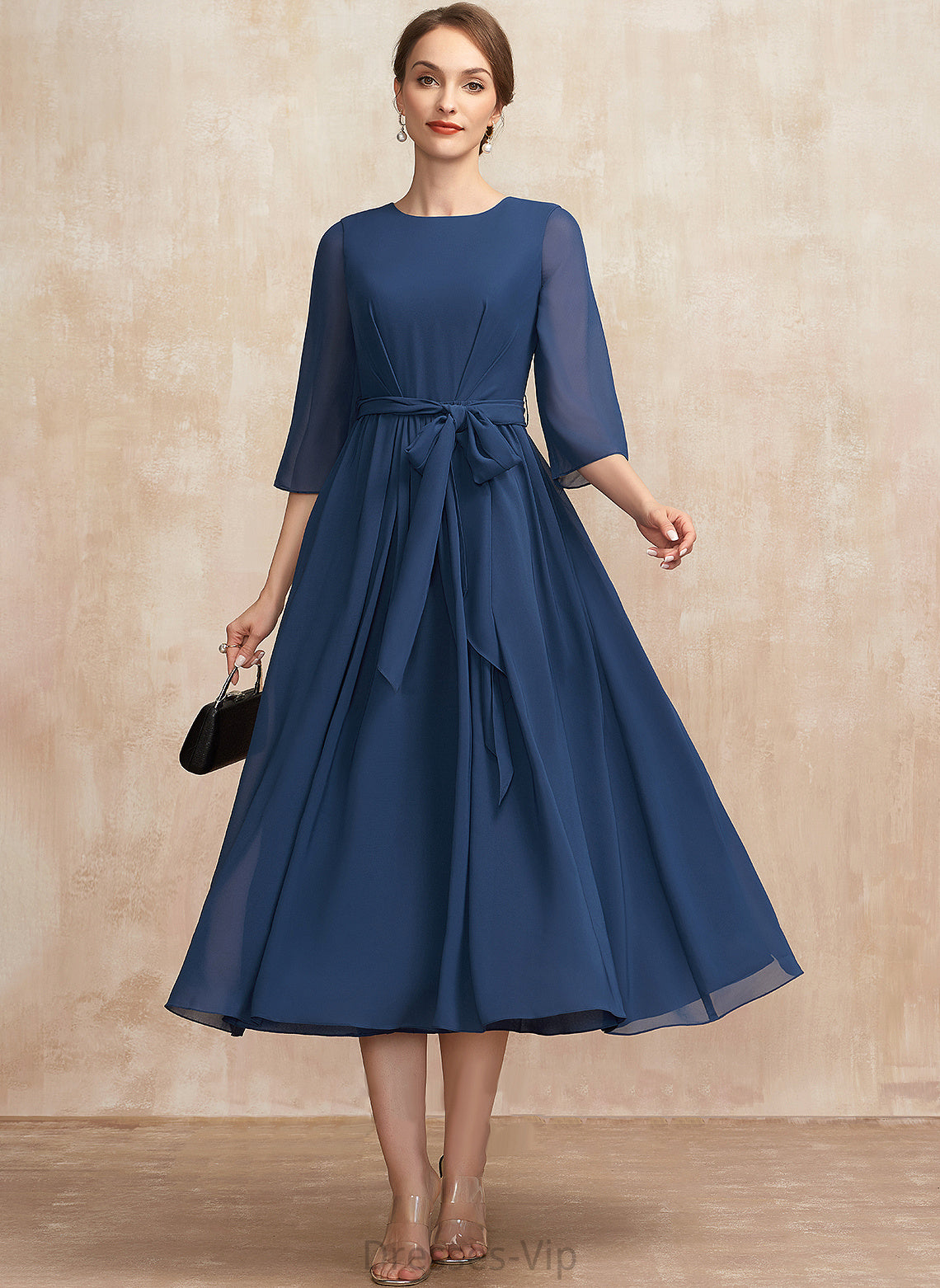 A-Line With Cocktail Neck Scoop Gia Tea-Length Chiffon Cocktail Dresses Bow(s) Ruffle Dress