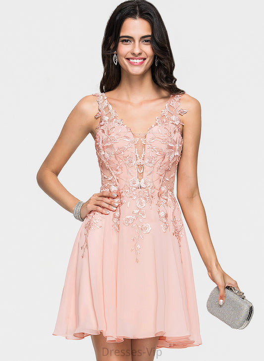 A-Line Cocktail Chiffon Kathy With Beading Cocktail Dresses Dress Short/Mini V-neck Lace