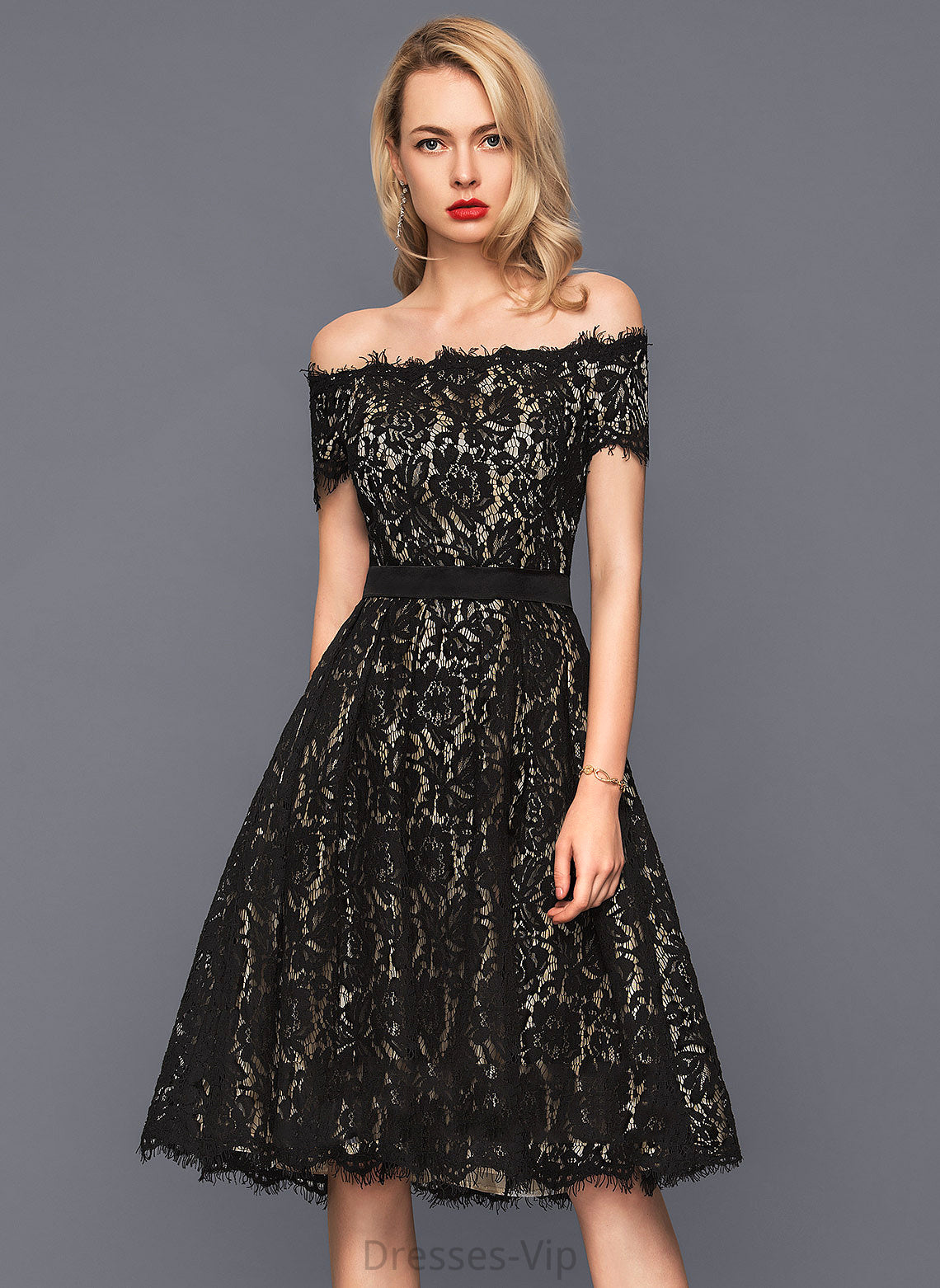 A-Line Knee-Length Dress Lace Off-the-Shoulder Brooke Cocktail Dresses Cocktail Charmeuse