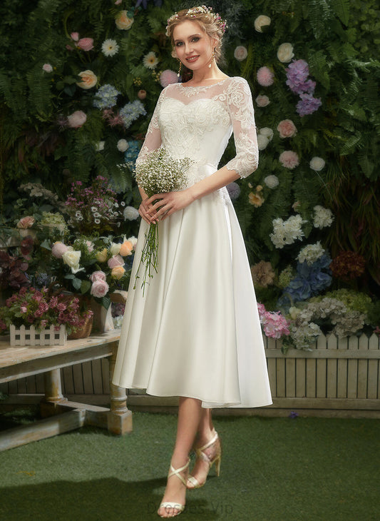 Tea-Length Wedding A-Line Illusion Dress Ashlyn Satin Lace Wedding Dresses