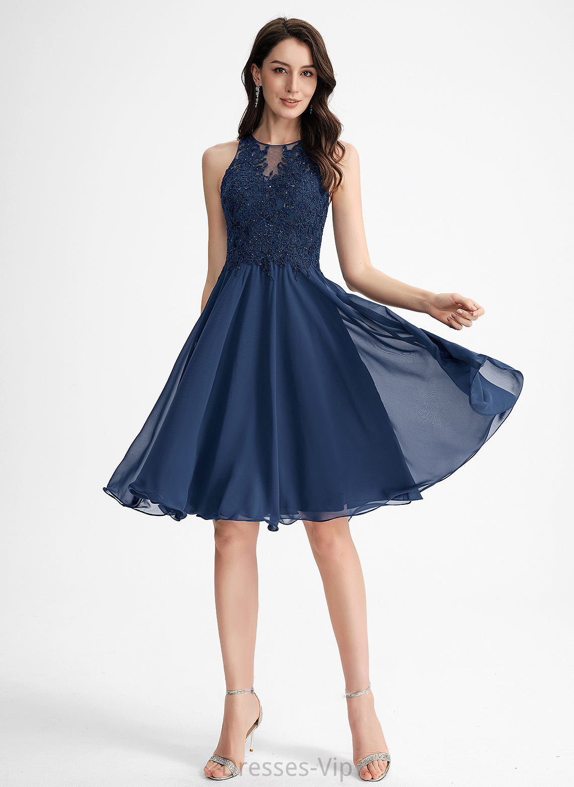 Chiffon Dress With Scoop Knee-Length Homecoming Marin Beading Neck A-Line Lace Homecoming Dresses