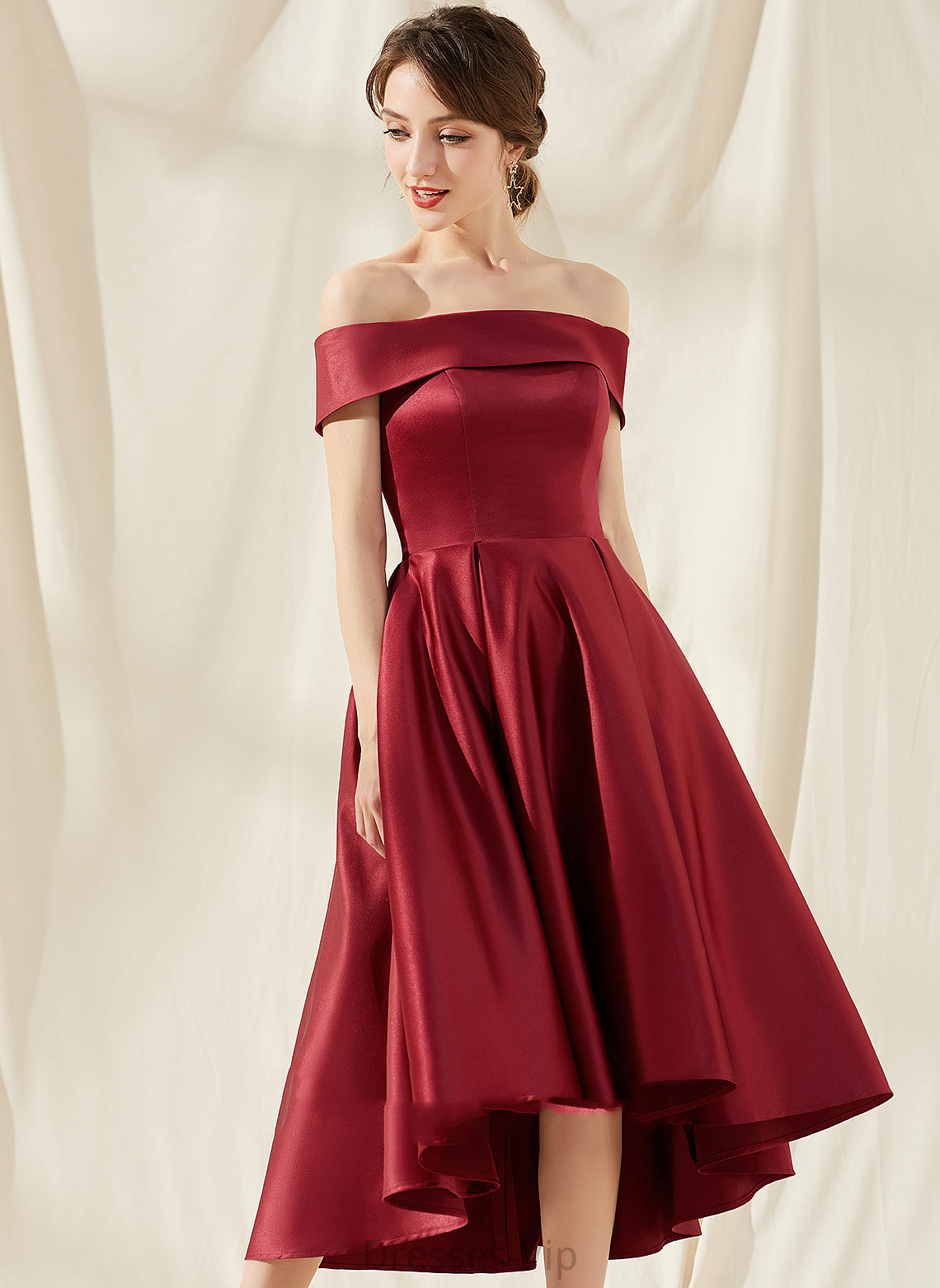 Tori Cocktail Dresses Asymmetrical Cocktail Pockets Satin With A-Line Off-the-Shoulder Dress