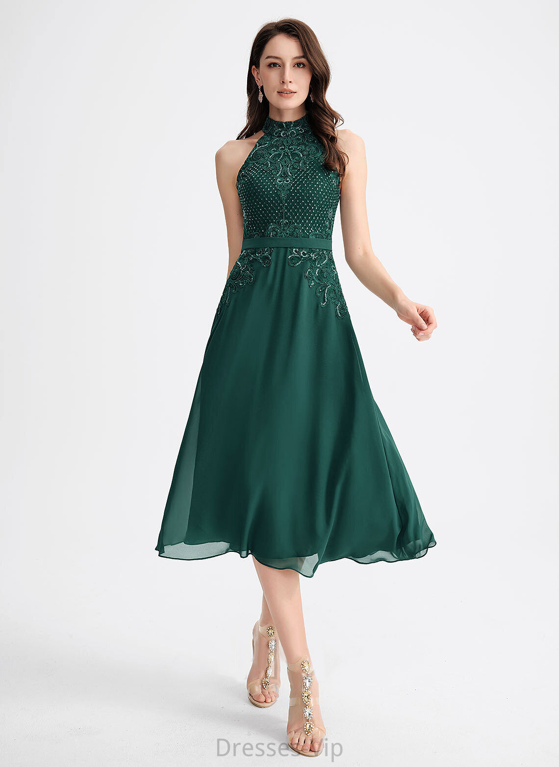 Lace Cocktail A-Line Cocktail Dresses Marley Tea-Length Sequins Neck Chiffon Dress With Scoop