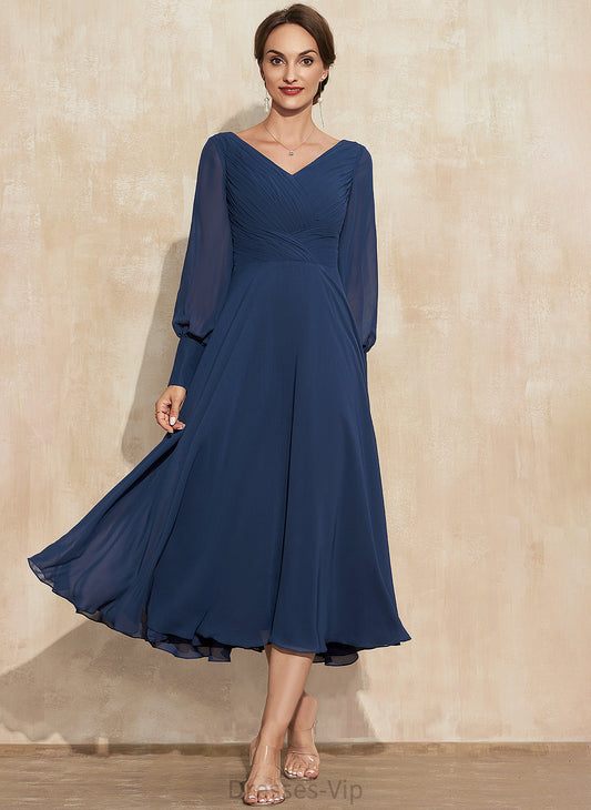 Ruffle Dress Cocktail A-Line Alayna Tea-Length Cocktail Dresses V-neck Chiffon With