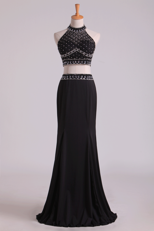 2024 Black Halter Two-Piece Beaded Bodice Mermaid Open Back Prom Dresses Spandex & Tulle Floor Length