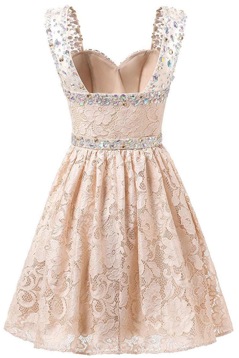 Gorgeous A Line Straps Knee Length Lace With Beading Homecoming Dresses