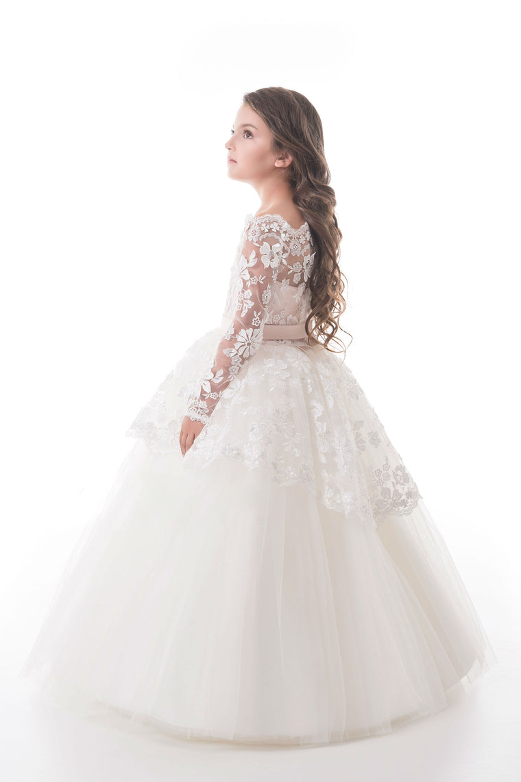 2024 Tulle Boat Neck Flower Girl Dresses A Line Long Sleeves With Applique