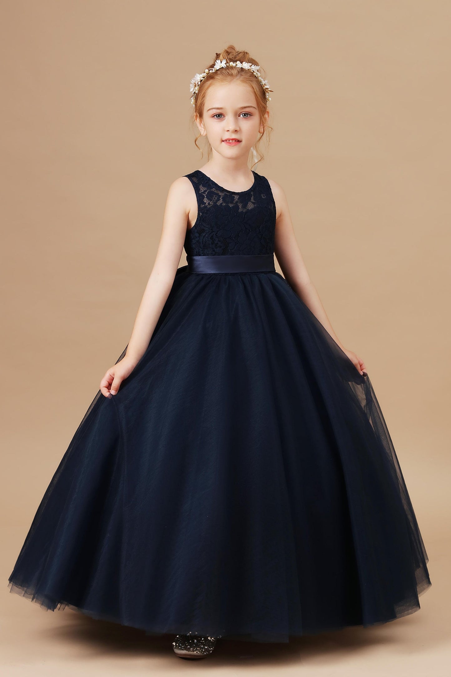 Pretty Sleeveless Stain-Sash Lace Tulle Flower Girl Dresses With Bownot