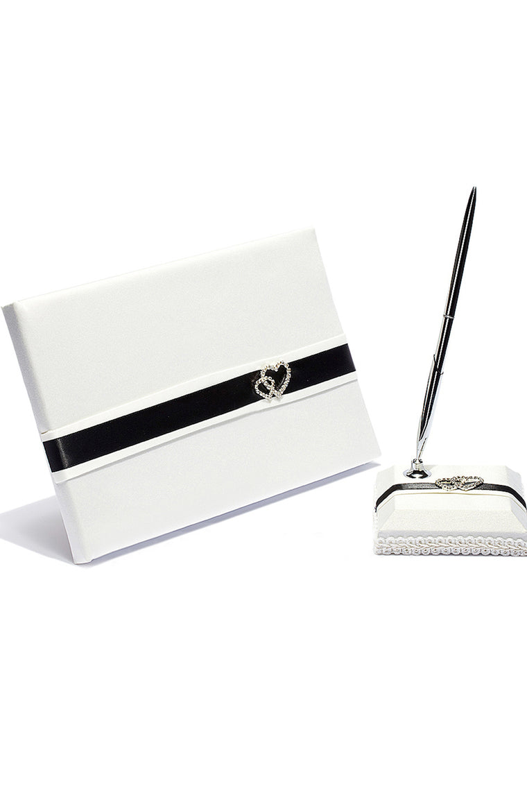 Double Hearts Rhinestones/Sash Guestbook & Pen Set