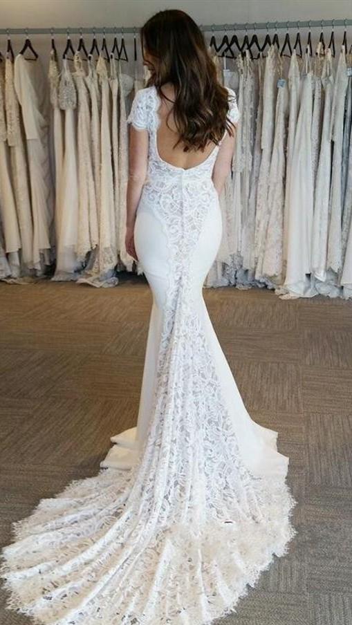 Luxury Short Sleeves Backless V Neck Mermaid Wedding Dresses Sweep Train