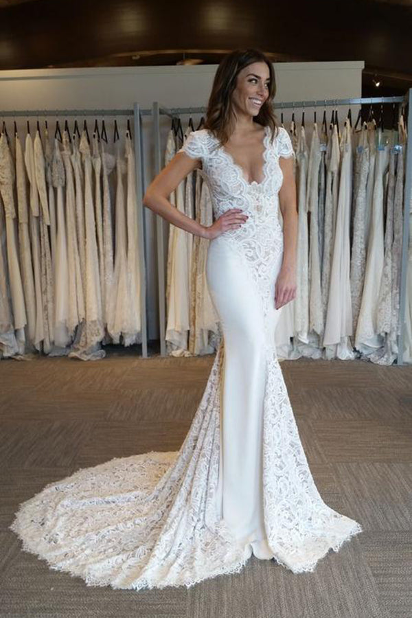 Luxury Short Sleeves Backless V Neck Mermaid Wedding Dresses Sweep Train