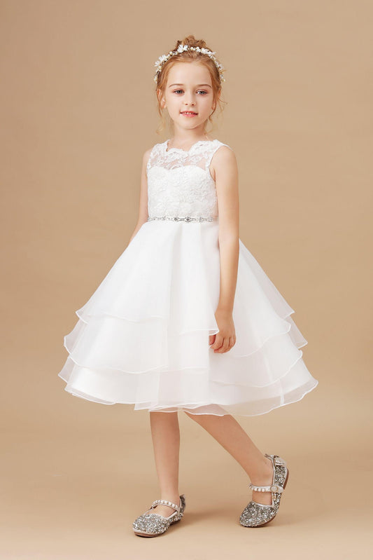 Ruffles Sleeveless Organza Applique Tulle Flower Girl Dresses With Rhinestone Sash