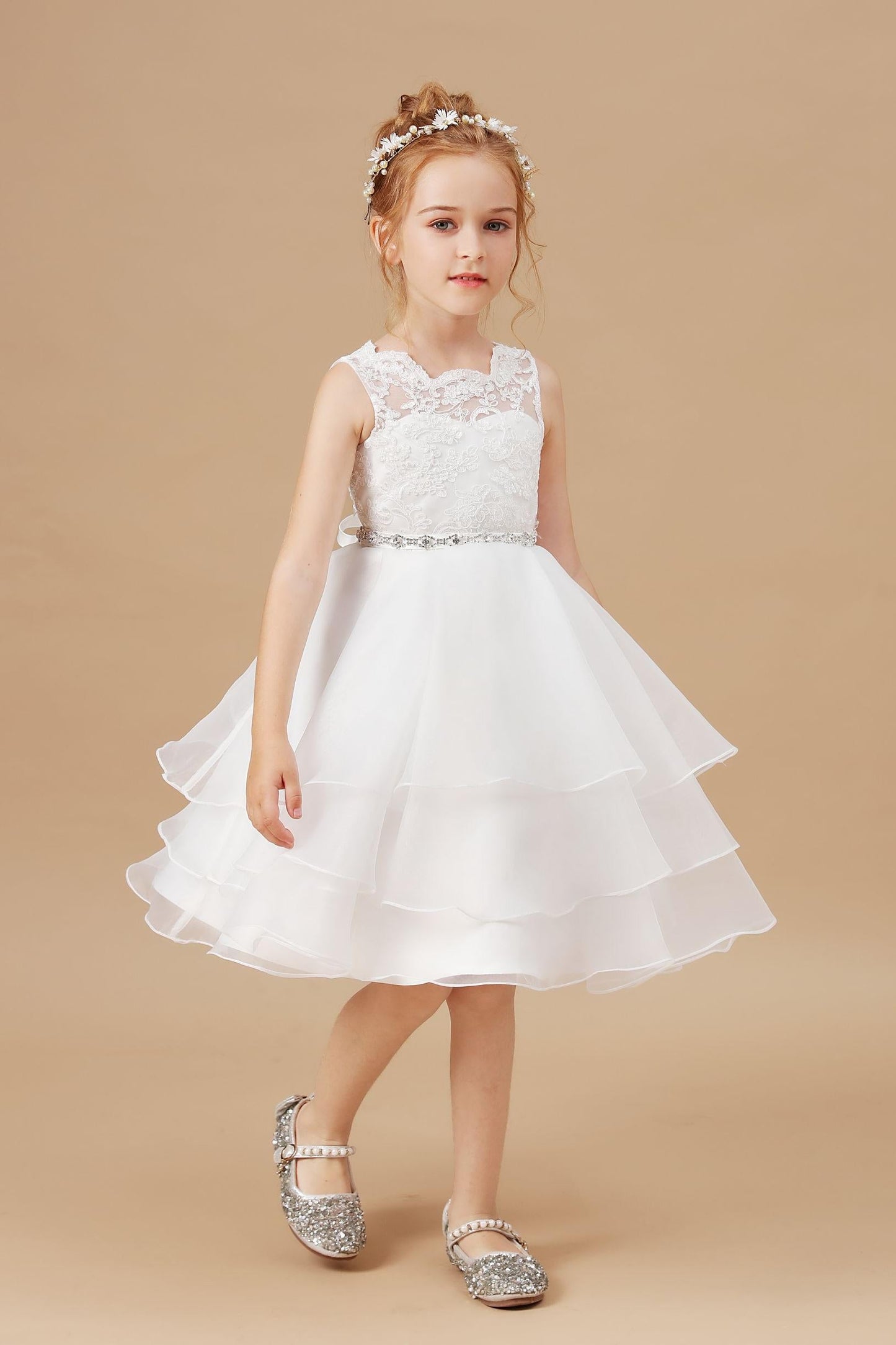 Ruffles Sleeveless Organza Applique Tulle Flower Girl Dresses With Rhinestone Sash