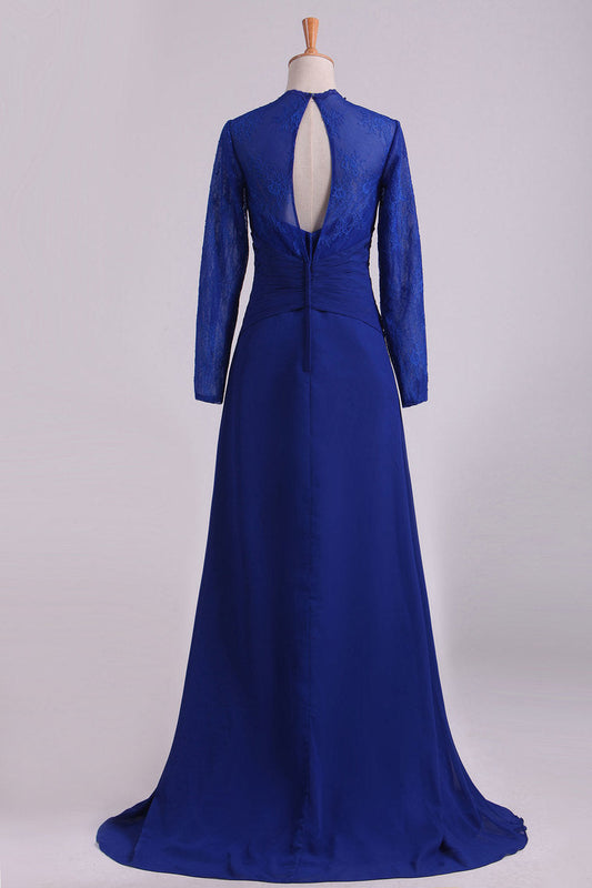 2024 Mother Of The Bride Dresses Long Sleeves Chiffon With Applique Open Back Dark Royal Blue