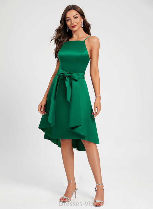 Cocktail Dresses Rachel Neckline Satin Square Ruffle A-Line Knee-Length With Cocktail Dress Bow(s)