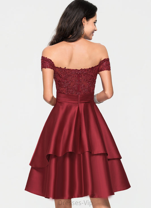 Ivy With Knee-Length Sequins A-Line Satin Cocktail Lace Off-the-Shoulder Dress Cocktail Dresses