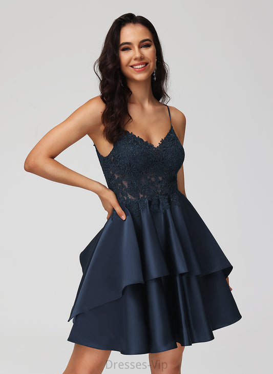 Satin Dress Homecoming Lace A-Line With Short/Mini Homecoming Dresses V-neck Juliet