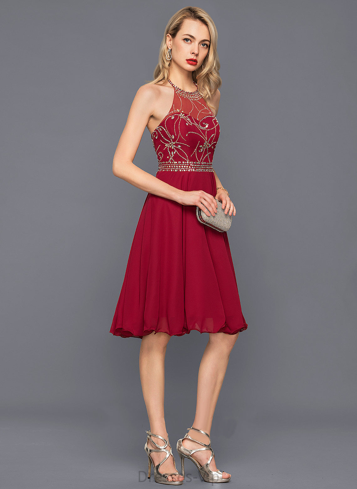 Marley Halter A-Line Sequins Beading Cocktail Cocktail Dresses Knee-Length With Chiffon Dress