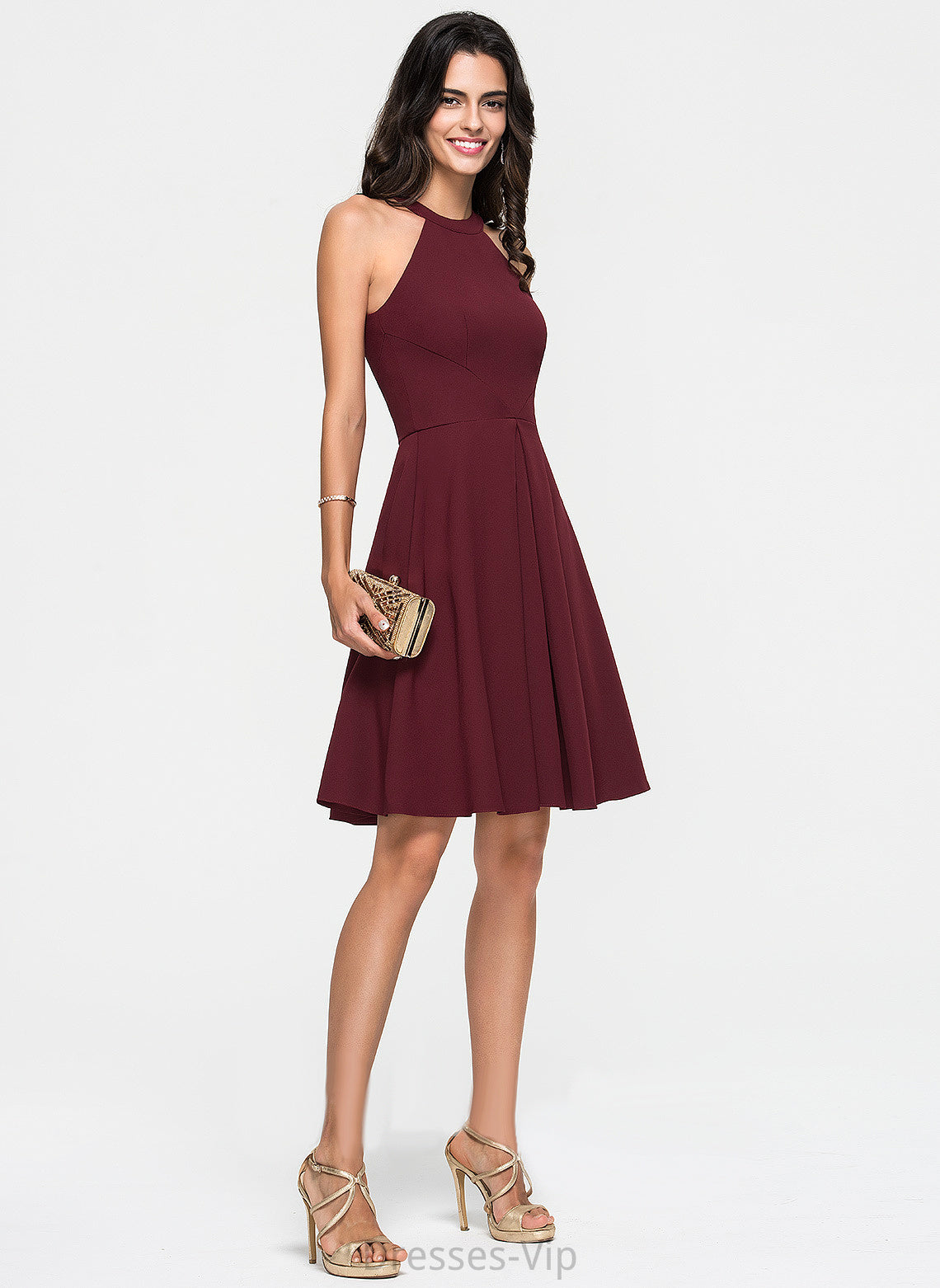 Cocktail Ruffle Crepe Neck Sherlyn Scoop Dress Cocktail Dresses Stretch A-Line With Knee-Length