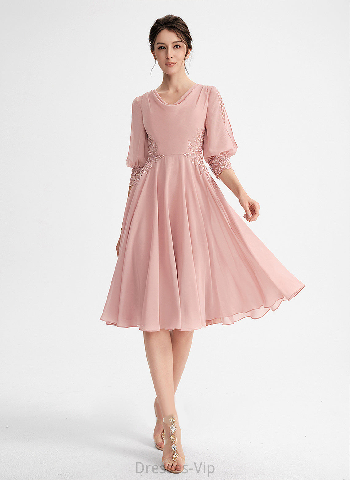 Lace Chiffon With Cowl Nan Cocktail Neck Knee-Length Dress Cocktail Dresses A-Line