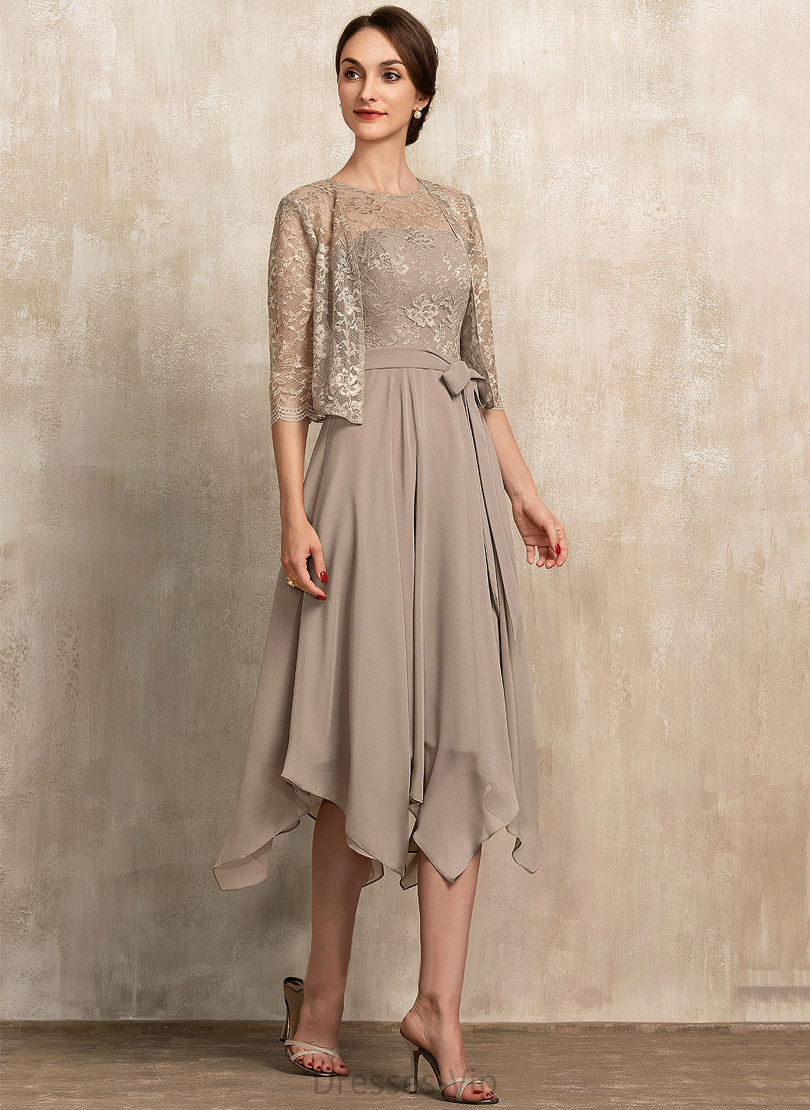 A-Line Bow(s) Tea-Length Ansley With Lace Neck Dress Chiffon Cocktail Cocktail Dresses Scoop