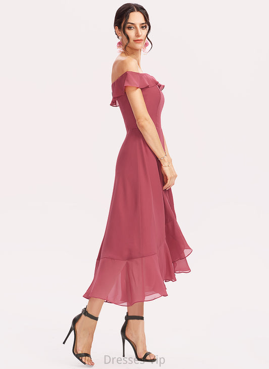 Cocktail Tea-Length Cocktail Dresses A-Line Ruffles Off-the-Shoulder Chiffon Cascading With Dress Renata