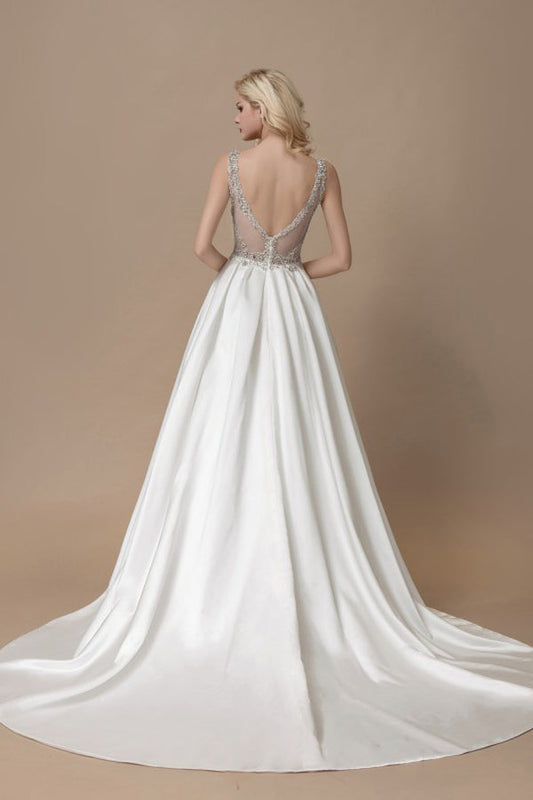 A Line Court Train V Neck Sleeveless Sheer Back Wedding Gown