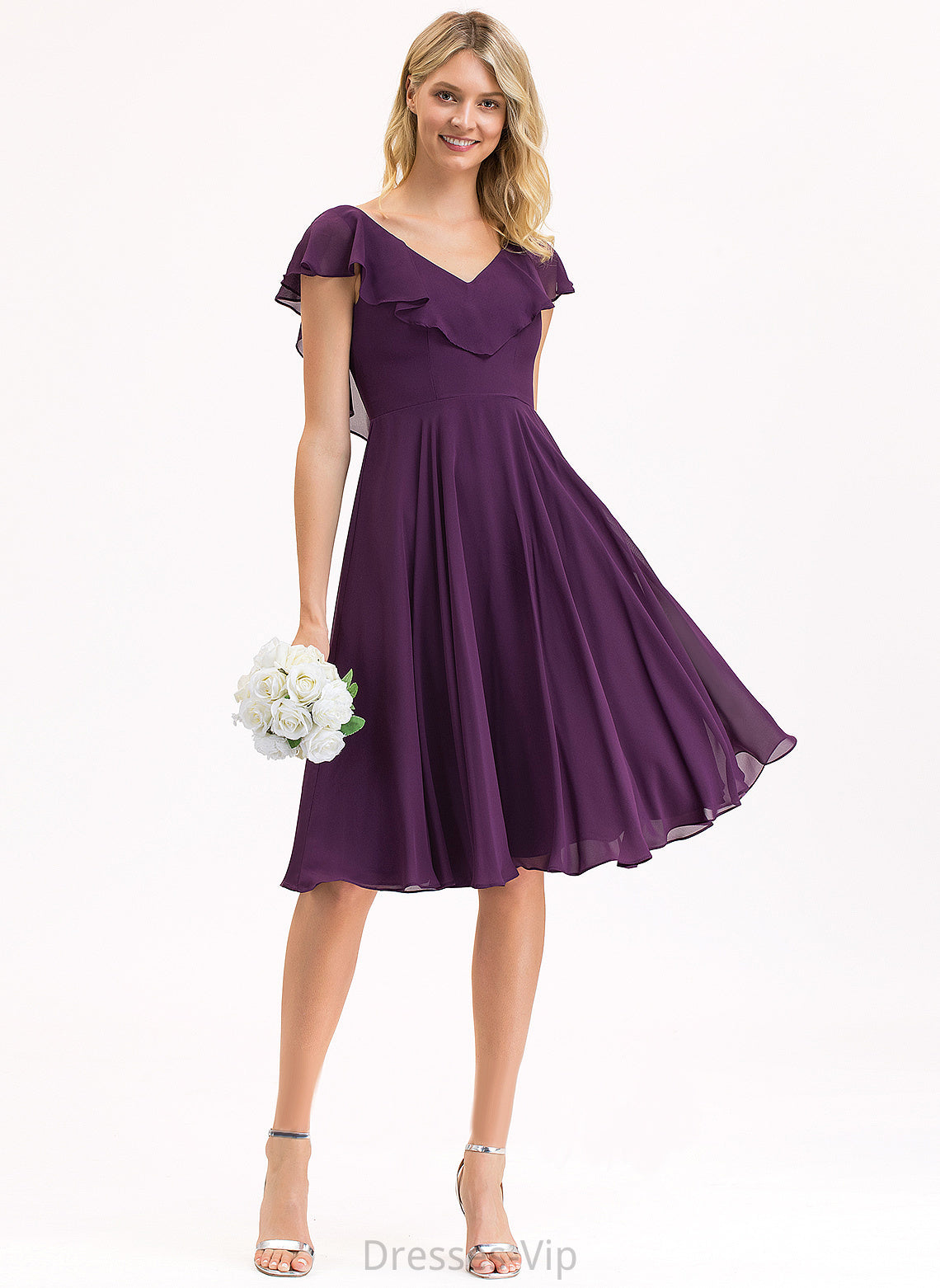 Chiffon Ruby Cascading A-Line With Ruffles Cocktail Knee-Length Cocktail Dresses Dress V-neck