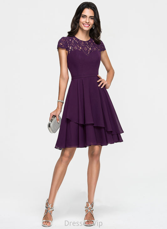 A-Line Homecoming Ruffles Homecoming Dresses Dress With Lace Scoop Knee-Length Neck Cascading Chiffon Pearl