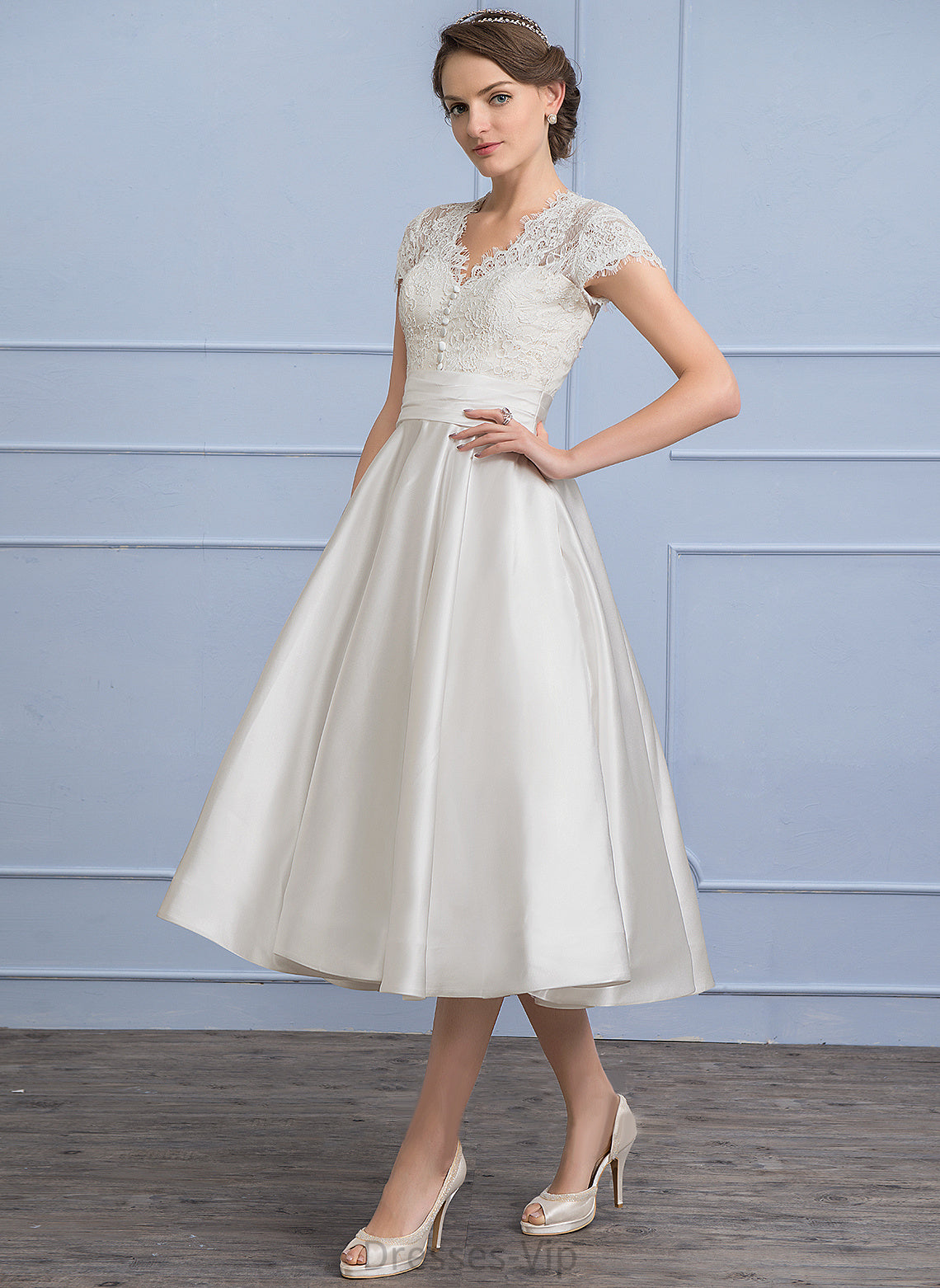 Tea-Length With Dress Patience Satin Ruffle Lace V-neck Wedding A-Line Wedding Dresses