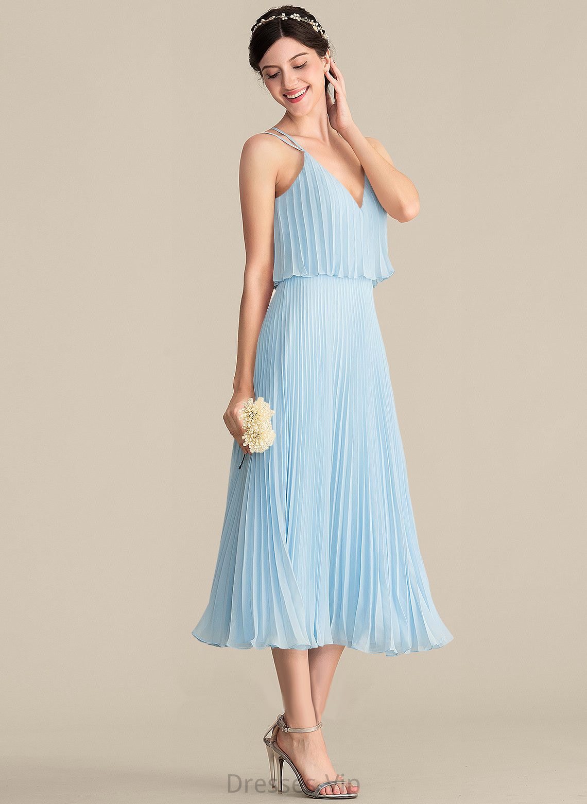 Cocktail Dresses Pleated Chiffon Dress Cocktail With Celia V-neck Tea-Length A-Line