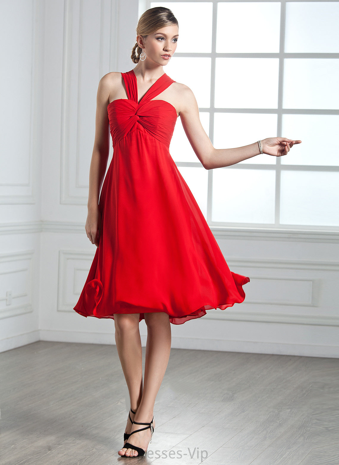 Empire Ruffle Chiffon V-neck Bow(s) Cocktail Dresses Gabriela Dress Cocktail Knee-Length With