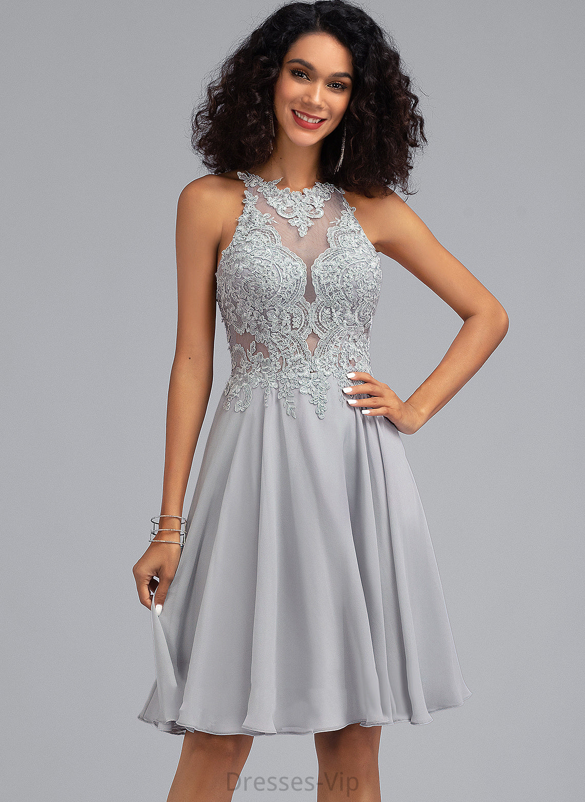 A-Line Lace Neck Sequins Cocktail Dresses With Millie Scoop Knee-Length Dress Cocktail Chiffon